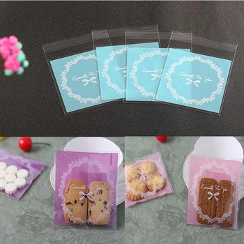 100db csipke bowknot mintás öntapadó DIY süti cukorka celofán csomag ajándéktáskák