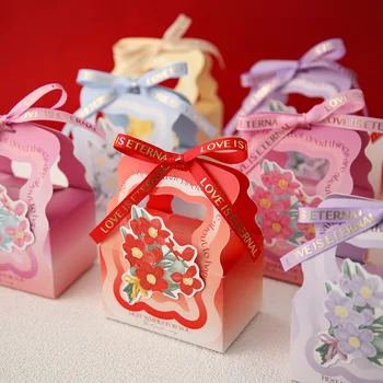 20 db/tétel kreatív hordozható virágkosár doboz esküvői cukorka doboz ünnepi kis ajándék gyönyörű csomagolási doboz szalaggal