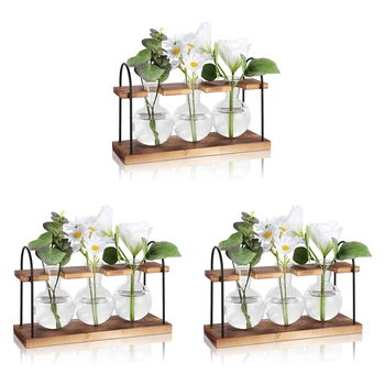 3X növényszaporító állomás fa állvánnyal, növényi terrárium asztali szaporító állomások, légültető izzó üveg váza