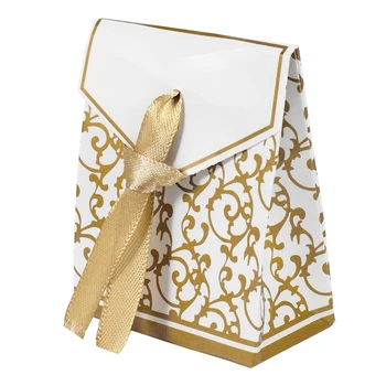 50Pcs szép esküvői parti ajándék kedvez cukorka papírdobozok szalagokkal (arany)