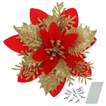 8 db mesterséges csillogó Mikulásvirág karácsonyi virágok karácsonyfa virágok függő díszek Karácsonyfa dekoráció szárakkal klipek