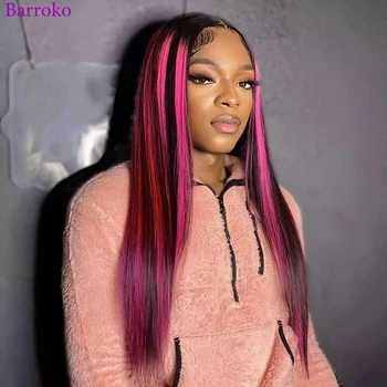 Barroko Highlight rózsaszín 1B színű csipke paróka egyenes 13x6 átlátszó csipke emberi haj paróka Brazil Remy haj 180% előre kopasztott