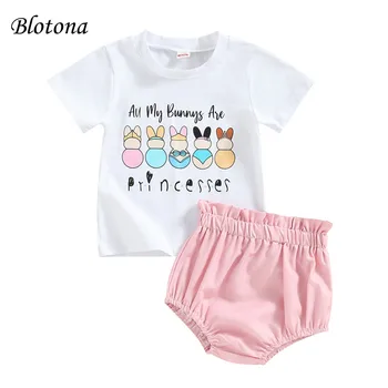 Blotona Baby Girls húsvéti rövidnadrág szett, rövid ujjú levél nyúlmintás póló rugalmas deréknadrággal Nyári ruha, 0-3Years