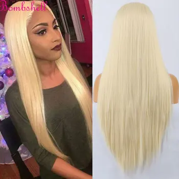 Bombshell Blonde #613 Egyenes szintetikus 13X4 csipke elülső parókák ragasztó nélküli, kiváló minőségű hőálló szálas haj fekete nőknek