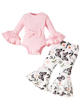 Egyszínű bordás kötött fáklyás hosszú ujjú jumpsuit pillangó virágmintás fáklyás nadrággal - Imádnivaló 2 db-os ruha kislányoknak