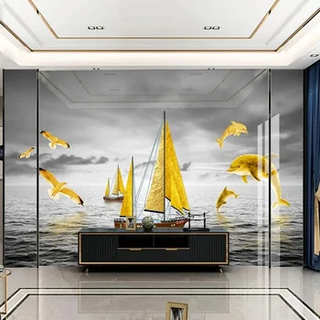 Egyéni 3D falfestmény arany vitorlás hajó delfin óceánszürke tapéta a nappalihoz TV háttér Fali dekoráció Nem szőtt papírfestés