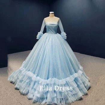 Ella kék hálós hosszú ujjú fényes flitteres rakott réteges fodros esküvői ruha 2024 Csúcskategóriás szexi menyasszonyi ruha báli ruhák 2023