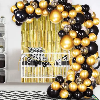 Fekete arany lufik arany talmi függönnyel Fekete arany lufifüzér esküvőre Születésnapi zsúr kellékek Dekorációk