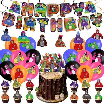 Gorilla Tag Léggömb játék Anime király Majom Globos Boldog születésnapot Banner Tortafeltétek Játékok Party dekorációs kellékek