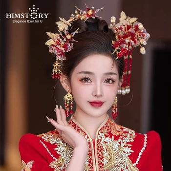 HIMSTORY Kínai esküvői kristály folyékony virág hajtű piros ősi ruha haj kiegészítők Hagyományos menyasszonyi hajviselet
