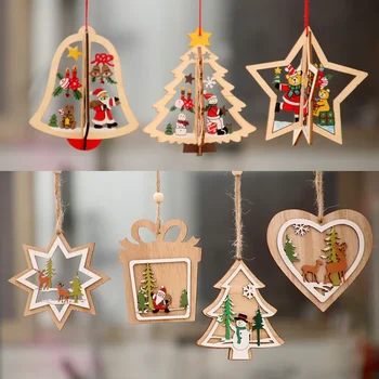 Karácsonyi díszek, fa karácsonyi lézerrel kivájt karácsonyfa kis medálok, fa pentagram harang medálok, ajándékok