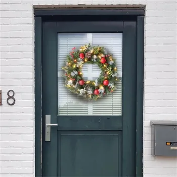Karácsonyi koszorú bejárati ajtóhoz 15,7 hüvelykes karácsonyi koszorú fényekkel piros bogyó, karácsonyi díszek ablakhoz, fali dekorációhoz