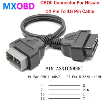  Kiváló minőségű kábel Nissan 14 PIN-kódhoz OBD2-hez 16 tűs kábelkocsi diagnosztikai csatlakozó Nissan 14Pin - 16PIN OBD OBDII adapterhez