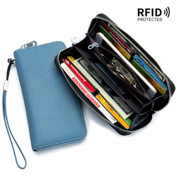 Kártyatáska Hosszú bőr RFID felső réteg marhabőr tartó táska Puha bőr Egyszerű pénztárca Mobiltelefon táska