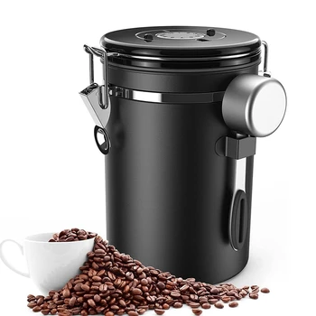  Kávésüveg légmentesen záródó 500G bab, 1.8L babtartály, vákuum kávéfőző kanállal tároló edény kávéporhoz, tea, kakaó