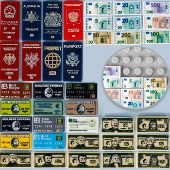 MOC Városi dollár Euro építőelemek Pénz nyomtatott csempe Bankkártya útlevél Kockák Játékok Ajándék