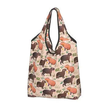Nagy újrafelhasználható Capybara aranyos zöld állatmintás élelmiszerboltok táskái újrahasznosítható összecsukható bevásárlótáska Mosható zsebben