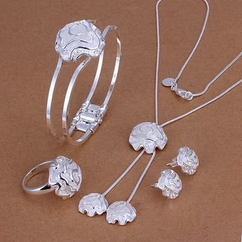 nagykereskedelem ezüst színű esküvői virág charm rózsák nyaklánc Karkötők Csap Fülbevaló gyűrűk divat Ezüst ékszerkészletek