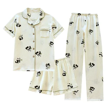 Női tavaszi pizsama pamut géz krepp hálóruha rövid ujjú állat 3 részes szett loungewear vékony alkalmi laza otthoni ruha 2023