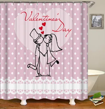 Rózsaszín pöttyök Szerelem Valentin-nap Csókolózó pár zuhanyfüggöny Aranyos romantikus szív formák Fürdőszoba függönyök Valentin ajándékhoz piros