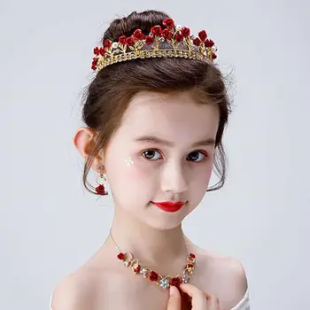 Rózsavirág hercegnő Korona Gyermek ékszerek Piros Tiara Divatötvözet Gyöngy strassz Hajpánt Lányok Korona Party Haj Deeoráció