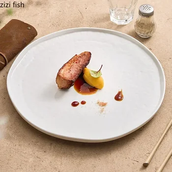 Tiszta fehér szabálytalan kalapács mintás kerámia lapos tányér Steak tál tészta tál Sushi étel Molekuláris főzés Kreatív étkészlet