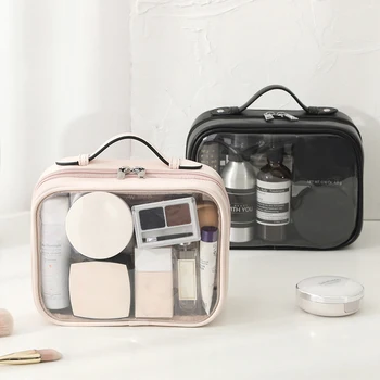 tároló vízálló kozmetikai táska Kétrétegű sminkkefe tárolás Multifunkcionális, nagy kapacitású Lady Travel átlátszó sminktáskák