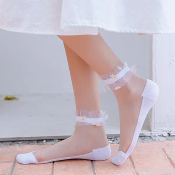 Virág fodros csipke nyári zokni nőkUltravékony átlátszó kristály selyem zokni Japán Kawaii aranyos csipke alacsony szabású boka rövid Sox