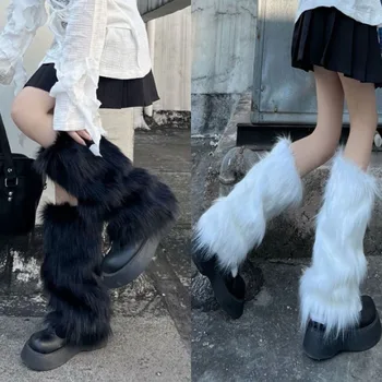 Y2K szőrös lábmelegítők Gót fehér műszőrme lábmelegítők Cipőhuzatok Lady Cute Fashion Jk Térdig érő zokni Hipster meleg zokni
