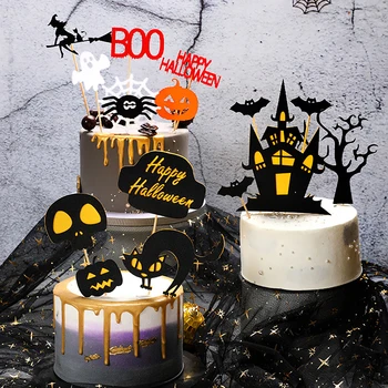 Új Halloween kiegészítők Fekete denevér tök boszorkány torta zászlók készlet gyerekeknek születésnapi zsúr sütés dekorációs kellékek