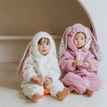 Újszülött pulóver kapucnis pizsama Kisfiúk Plüss háziruhák Téli kislányok Fiúk Nyúl Romper Slouchy Kényelmes cipzár