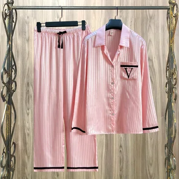 Őszi és téli Új rózsaszín csíkos pizsama női hosszú ujjú nadrág hálóruha otthoni ruhák női társalgóruha Szabadidő hálóruha